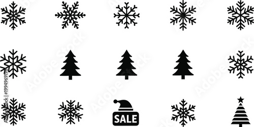 A set of black Christmas icons including snowflakes, trees, and sale symbols on a white background