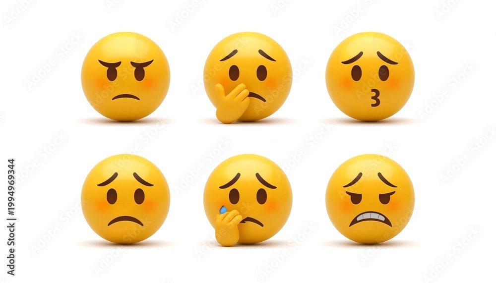 Fototapeta premium Six emoji faces in two rows showing sadness, thinking, fear, and emotional reactions