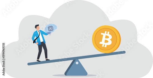 Man balancing Bitcoin and a gear on a seesaw