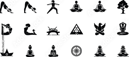 A set of black silhouette yoga icons and illustrations on a white background