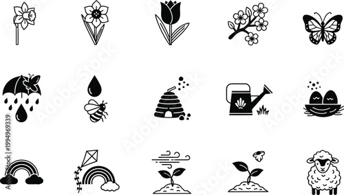 A set of minimalist black and white illustrations depicting various garden and nature symbols