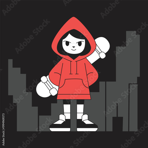 Cool urban youth skater character wearing a red hoodie holding a skateboard against a dark city background, modern flat streetwear mascot illustration.