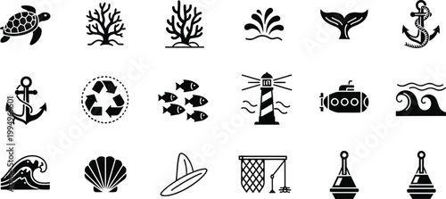 A set of ocean-themed vector icons featuring various sea creatures and nautical symbols in a minimalist style