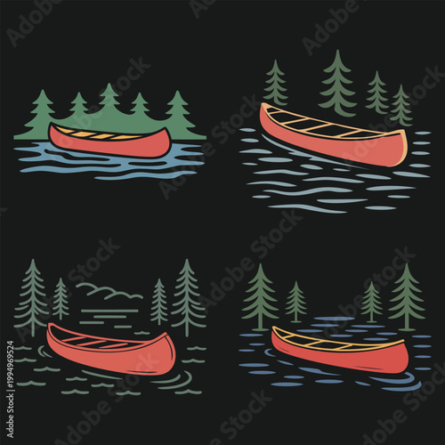 Vintage outdoor adventure canoe logo set, hand drawn rustic badges featuring red boats, pine trees, and lake water for camping and wilderness design.