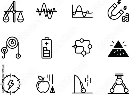 A set of physics symbols and equations in a minimalist vector graphic design