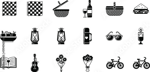 A set of black and white vector icons depicting various home furnishings and decorations