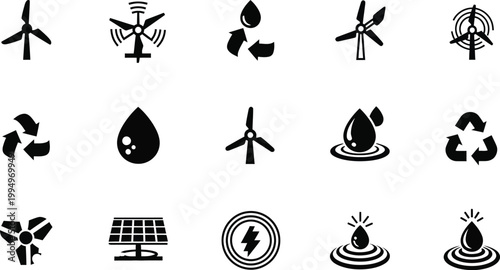 A set of black and white vector icons representing eco-friendly and sustainable practices