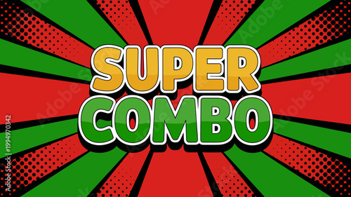 Super combo colorful comic book style text on red green rays background