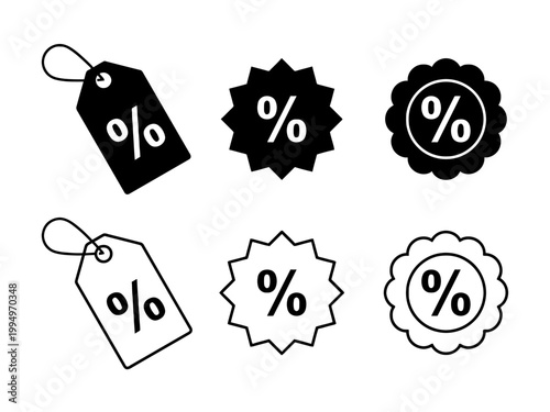 Black and white percentage discount icons with various shapes and outline styles for sales and promotions online shopping