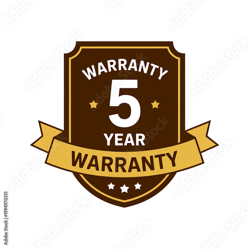 Brown and gold warranty shield with five year guarantee label icon
