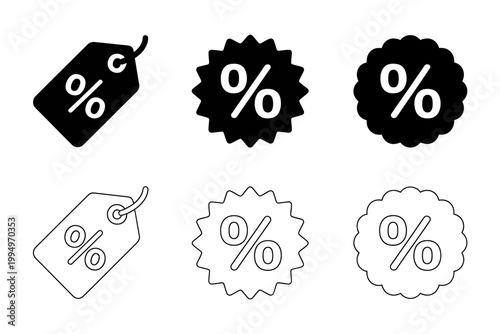 Set of discount percent off icons in black and white with tags and badges