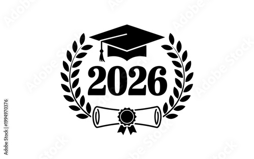 Graduation cap and scroll icon with laurel wreath and 2026 year  education symbol