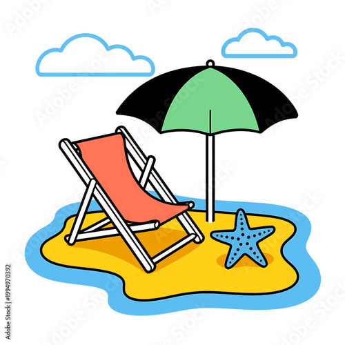 Cartoon beach scene with chair umbrella and starfish on sand