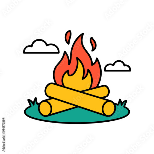 Cartoon campfire with logs and flames and clouds in the background