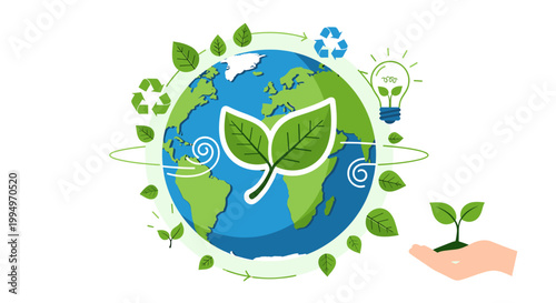 Foto A vibrant illustration depicting Earth surrounded by green leaves, recycling symbols, and a hand nurturing a plant, symbolizing global environmental protection and sustainability