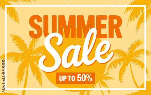 Summer sale advertisement with palm trees and discount offer