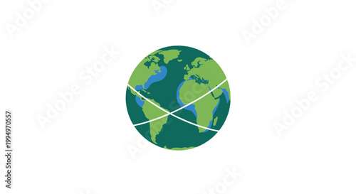 A stylized illustration of a green and blue globe with two intersecting white lines wrapping around it, symbolizing global connection and network.