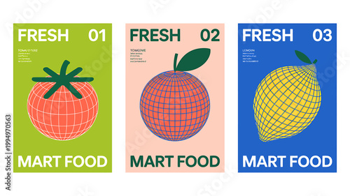 Fresh supermarket food posters with fruit illustrations and colorful backgrounds