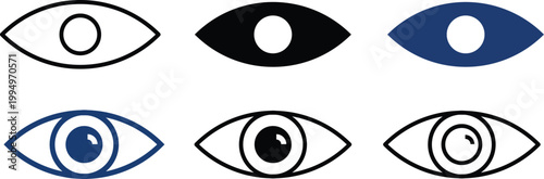 Minimalist eye icon set, human vision symbols in flat and outline styles, 6 vector eye elements for web interface and security design