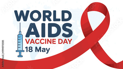World AIDS Vaccine Day awareness campaign with red ribbon and syringe on white background