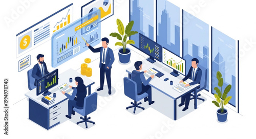 Business team analyzing financial data on interactive screens in modern office.
