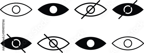 Minimalist eye icon set for visibility and privacy, black and white vision symbols, 8 vector graphic elements for interface design and security