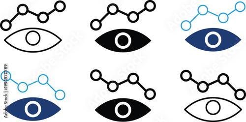 Data monitoring icons set, business analytics eye symbols with line charts, visual tracking and market observation vector elements for dashboard design