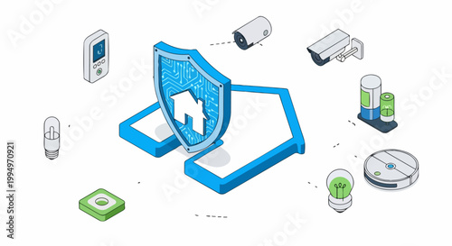 Isometric Smart Home Security System and IoT Device Ecosystem Illustration with Digital Shield for Protection