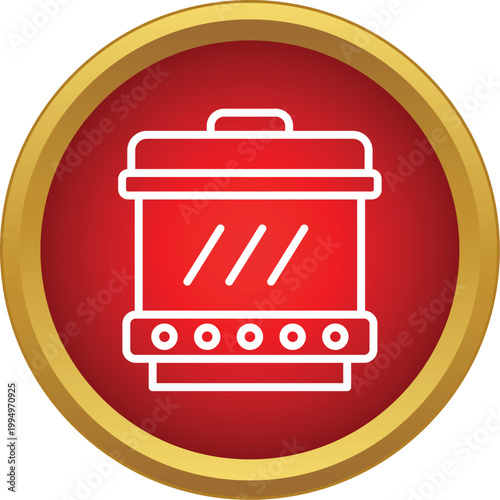 Outline cooking pot icon on a red and gold button