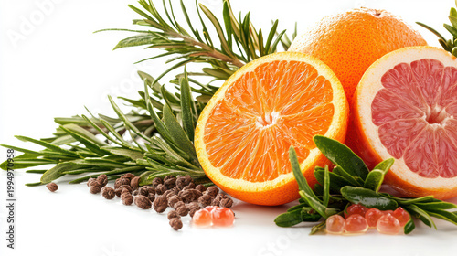 Freshly cut vibrant orange and grapefruit slices are artfully arranged with rosemary sprigs and peppercorns on a pristine white surface creating a bright composition.