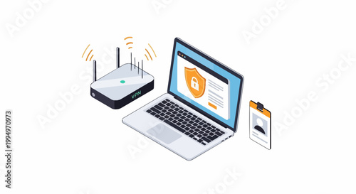 Isometric Cybersecurity Concept with VPN Router, Encrypted Laptop, and Identity Authentication Badge on White Background