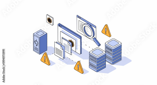 Isometric Cyber Security Illustration Representing Virus Detection Malware Analysis and Data Server Protection System