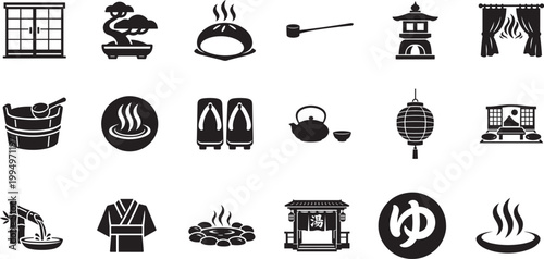 Hot spring ryokan icon set with traditional Japanese bath symbols travel hospitality and wellness vector.
