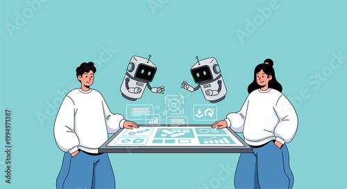 Team collaborating with AI robots using digital interface and workflow system