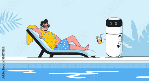 Man relaxing by pool with AI robot assistant serving drink lifestyle automation concept