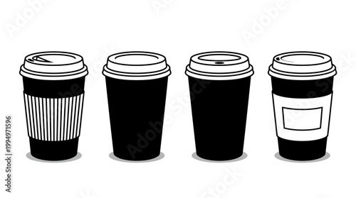 "Vector coffee cup icons collection, disposable takeaway drink silhouettes set, black minimalist design featuring ribbed sleeve, plain, labeled cups for branding, packaging, education, and marketplace