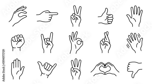 "Vector hand gesture line drawings collection, expressive communication icons grid, minimalist black outline design featuring peace, thumbs up, OK, heart, and symbolic poses for branding, education, a