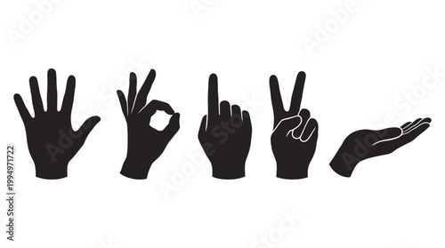 "Vector hand gesture silhouettes set, communication icons collection, black minimalist design featuring thumbs up, OK sign, pointing, open palm poses for branding, education, and marketplace optimizat