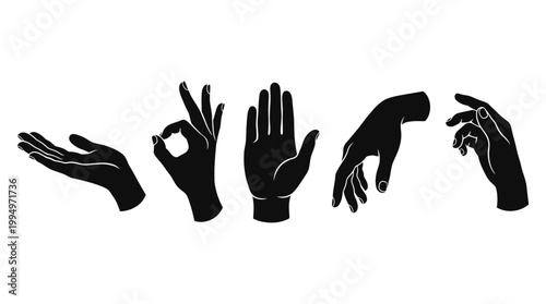 "Vector hand gesture silhouettes set, communication icons collection, black minimalist design featuring thumbs up, OK sign, pointing, open palm poses for branding, education, and marketplace optimizat