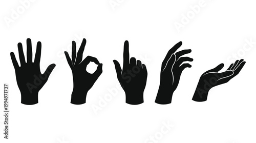 "Vector hand gesture silhouettes set, communication icons collection, black minimalist design featuring thumbs up, OK sign, pointing, open palm poses for branding, education, and marketplace optimizat