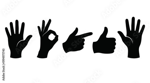 "Vector hand gesture silhouettes set, communication icons collection, black minimalist design featuring thumbs up, OK sign, pointing, open palm poses for branding, education, and marketplace optimizat