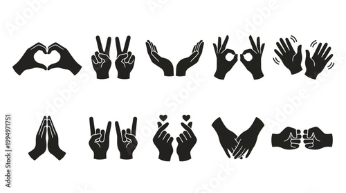 "Vector hand gesture silhouettes collection, expressive communication icons set, black minimalist design featuring peace, prayer, heart, OK, and symbolic poses for branding, education, and marketplace