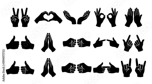 "Vector hand gesture silhouettes collection, expressive communication icons set, black minimalist design featuring peace, prayer, heart, OK, and symbolic poses for branding, education, and marketplace