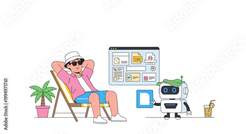 Man relaxing while AI assistant manages tasks and files