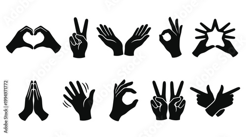 "Vector hand gesture silhouettes collection, expressive communication icons set, black minimalist design featuring peace, prayer, heart, OK, and symbolic poses for branding, education, and marketplace