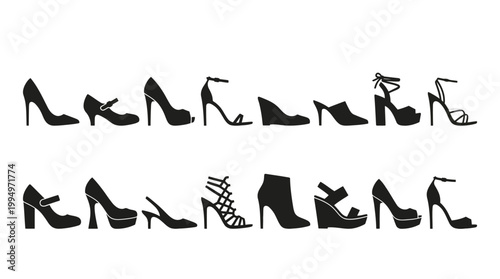 "Vector high heel shoe silhouettes collection, fashionable footwear styles set, black minimalist pumps, sandals, wedges, platforms, and block heels design for branding, fashion, and marketplace optimi