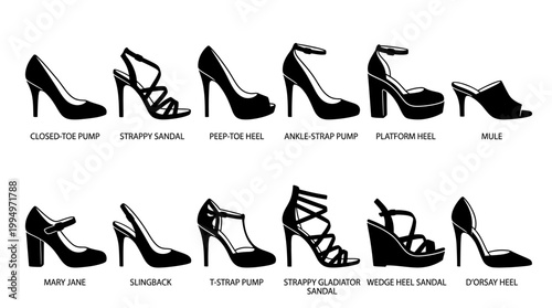 "Vector high heel shoe silhouettes collection, fashionable footwear styles set, black minimalist pumps, sandals, wedges, platforms, and block heels design for branding, fashion, and marketplace optimi