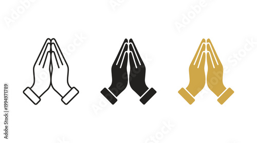 "Vector praying hands icons collection, gratitude and prayer gesture silhouettes, black, white, and gold minimalist design for spiritual, cultural, decorative, branding, and marketplace optimization"