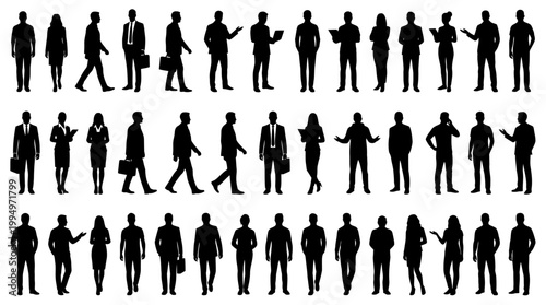 "Vector business people silhouettes collection, corporate professionals in office attire, teamwork and communication poses, black minimalist design for branding, education, presentations, and marketpl