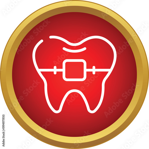 Tooth with orthodontic braces in a red circular icon with golden ring